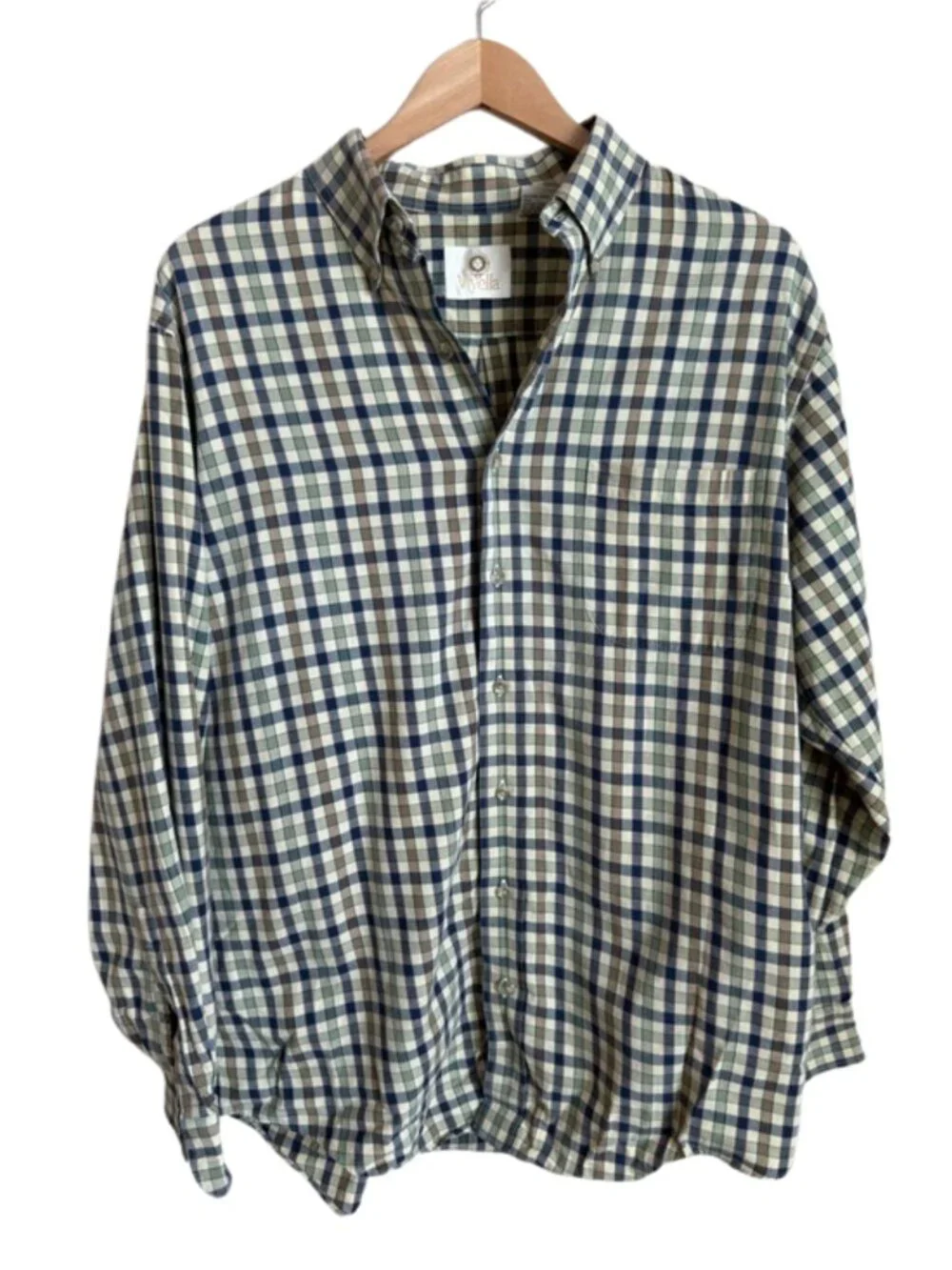 Viyella Vintage Cotton Wool Plaid Button Down Shirt Size L Green Brown Mens - Picture 1 of 13